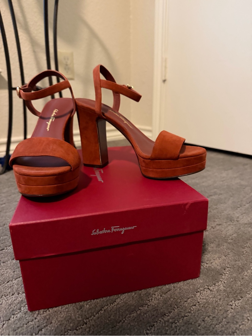Salvatore Ferragamo Rust Suede Platform Sandals with Ankle Strap